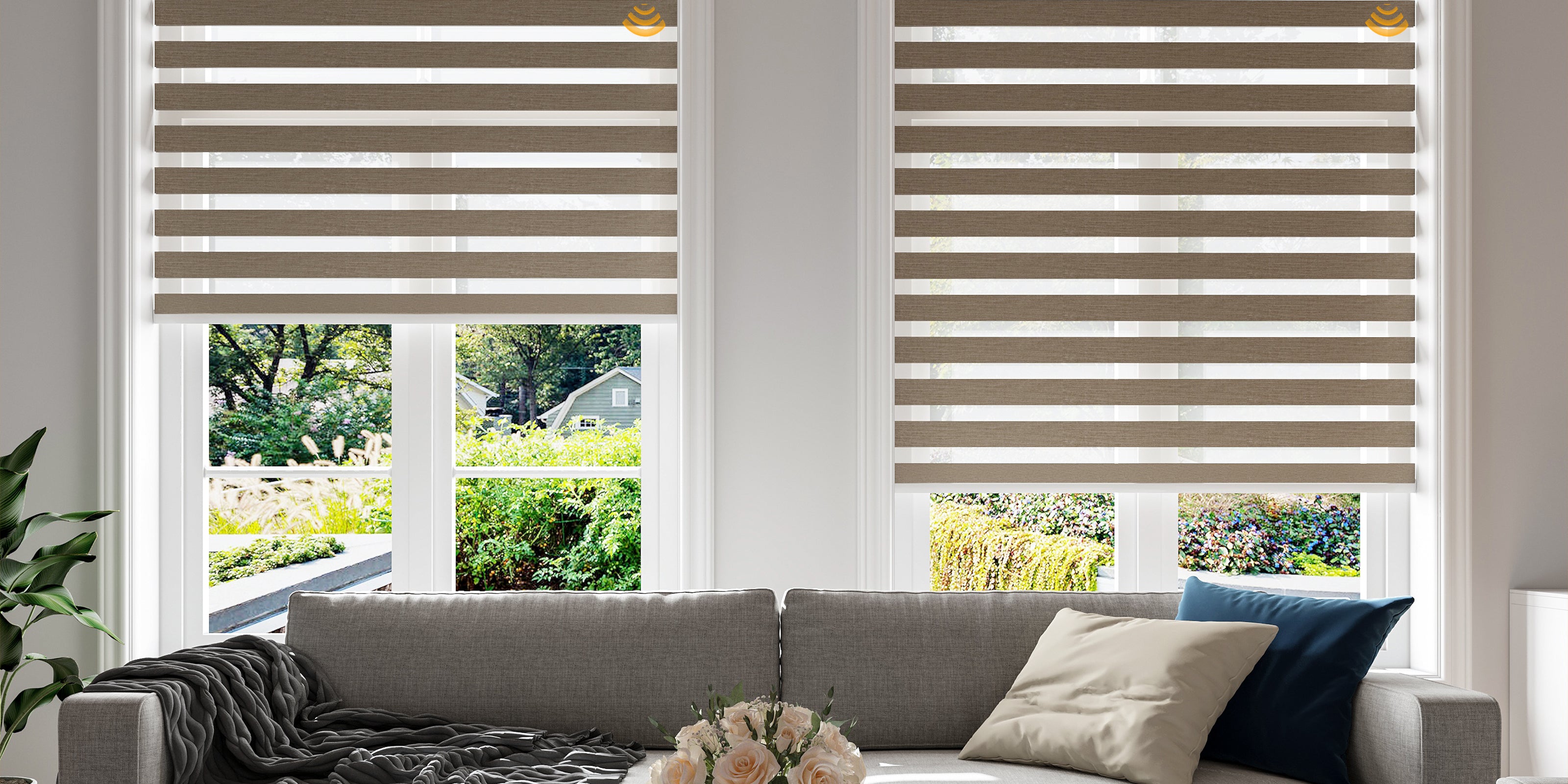 contemporary room with window treatment