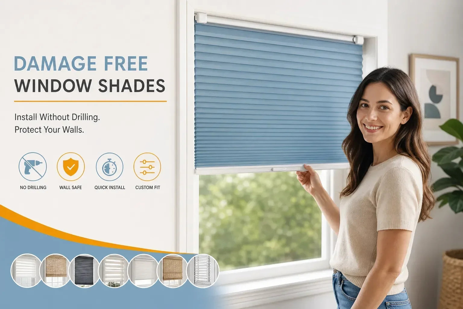 Keego Blinds, Damage Free Window Shades, Blue and White, Woman Standing Afront of window