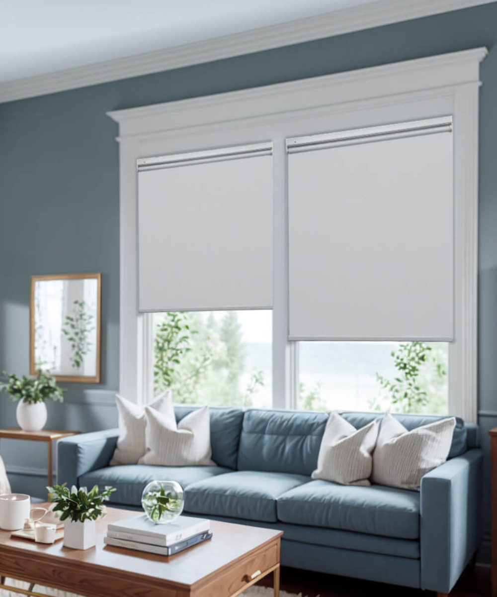 Spacious room with chic window treatments