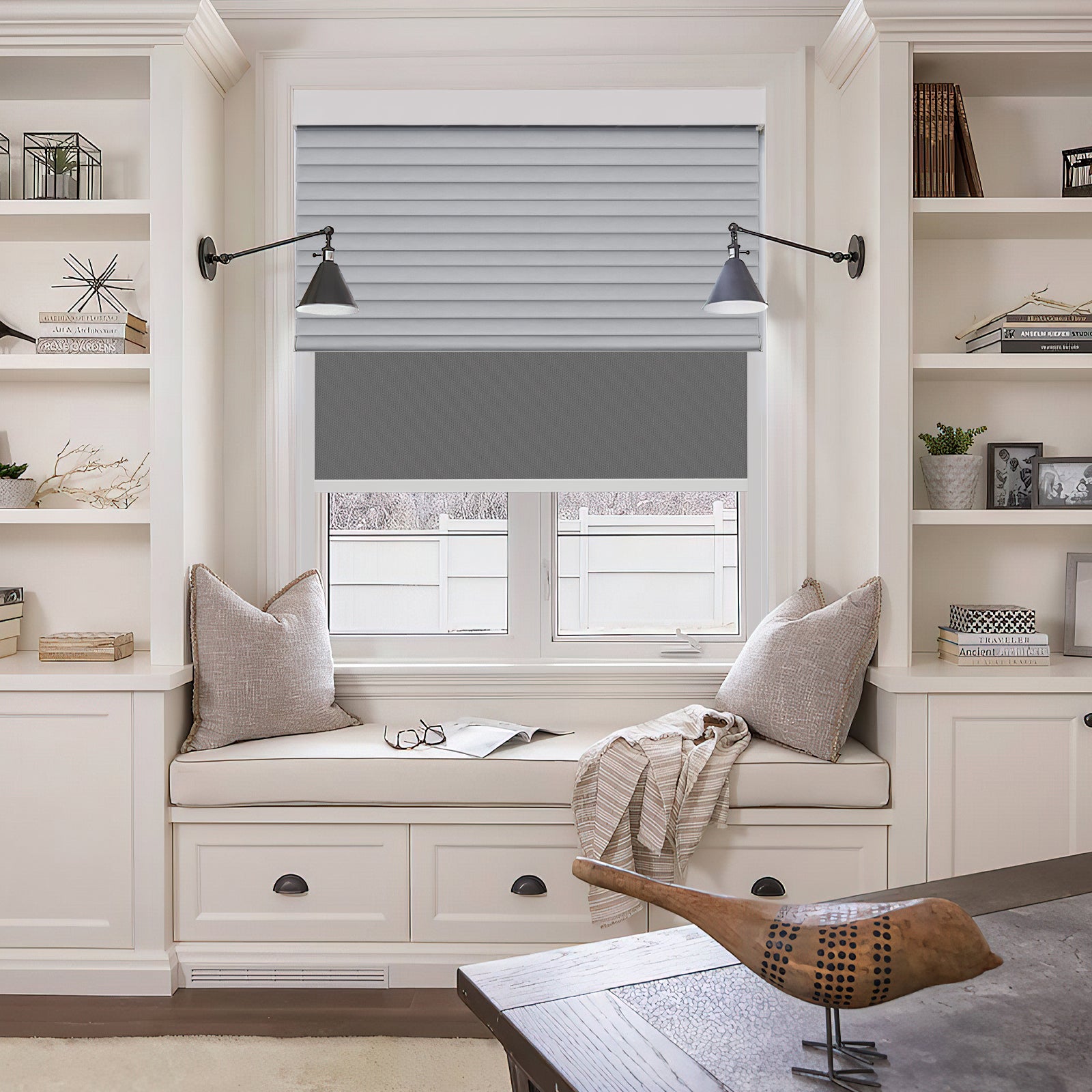 Dual Layer Shangri La Roller Shades Light Filtering and Blackout